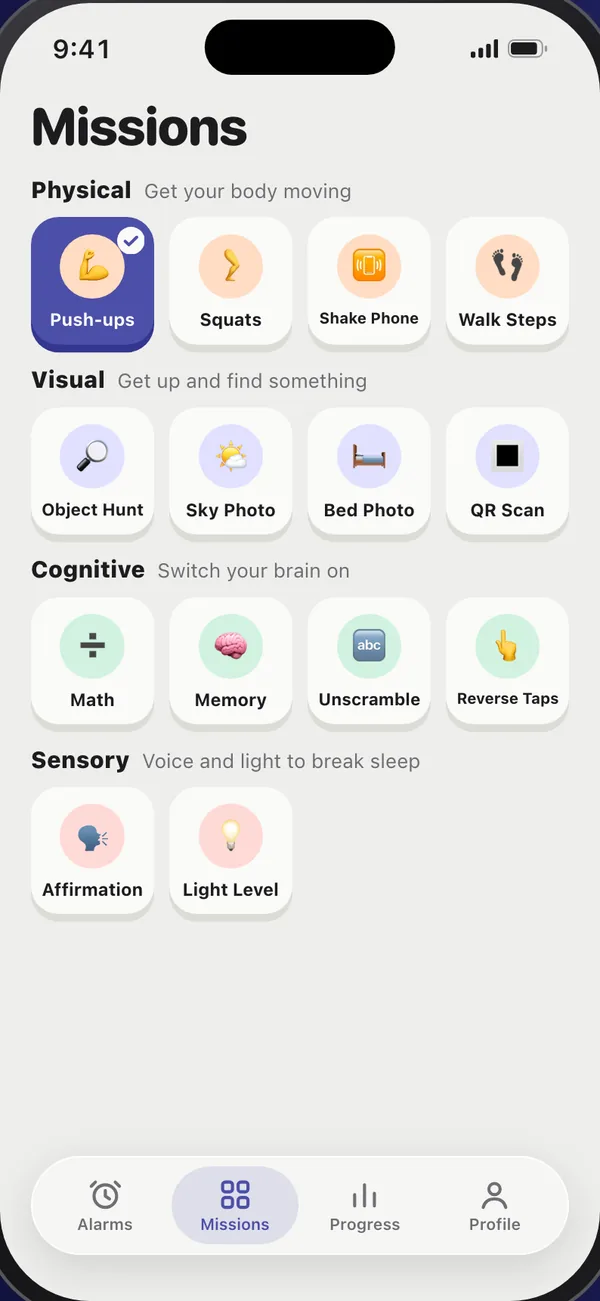 Auren Alarm missions screen with 14 wake-up missions