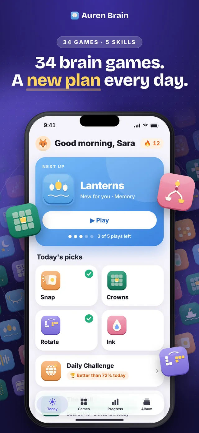 Auren Brain screenshot: 34 brain games. A new plan every day
