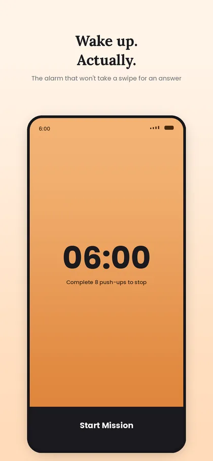 The Auren ringing screen at 6:00 asking for eight push-ups to stop the alarm