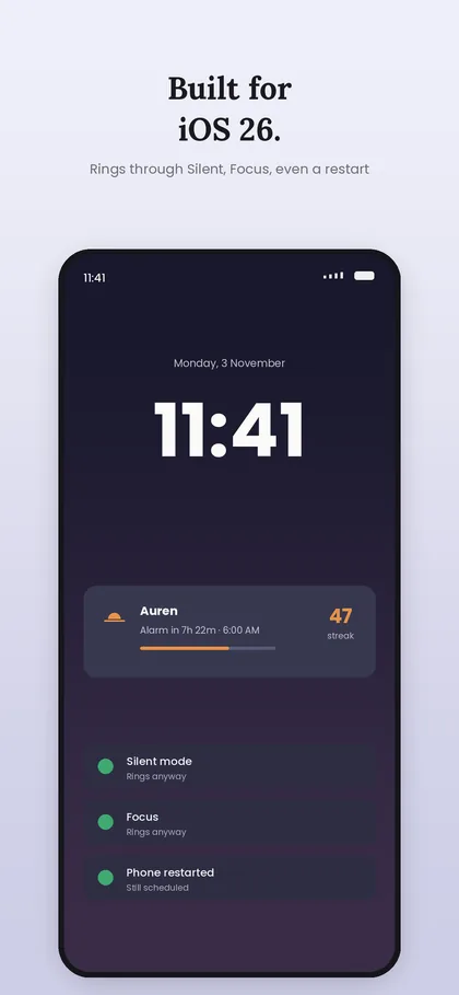 Auren on the iOS 26 Lock Screen confirming it rings through Silent mode, Focus and a restart
