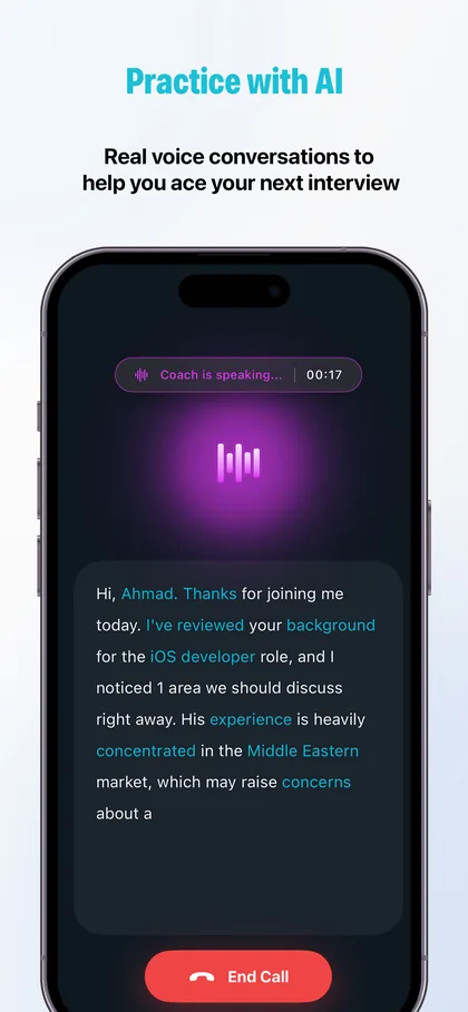 AI Interview Pro running a live voice interview with a real-time transcript