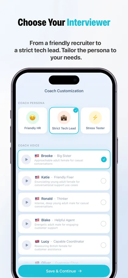Coach customization in AI Interview Pro: Friendly HR, Strict Tech Lead or Stress Tester, with selectable voices