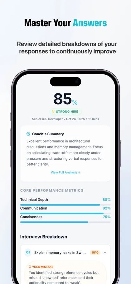 Interview feedback report showing an 85% score and per-question breakdown