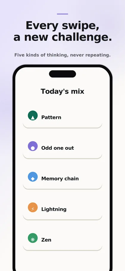 Today's mix in Brain Puzzle listing Pattern, Odd one out, Memory chain, Lightning and Zen