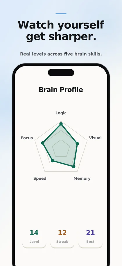 The Brain Profile radar chart showing levels across logic, visual, memory, speed and focus