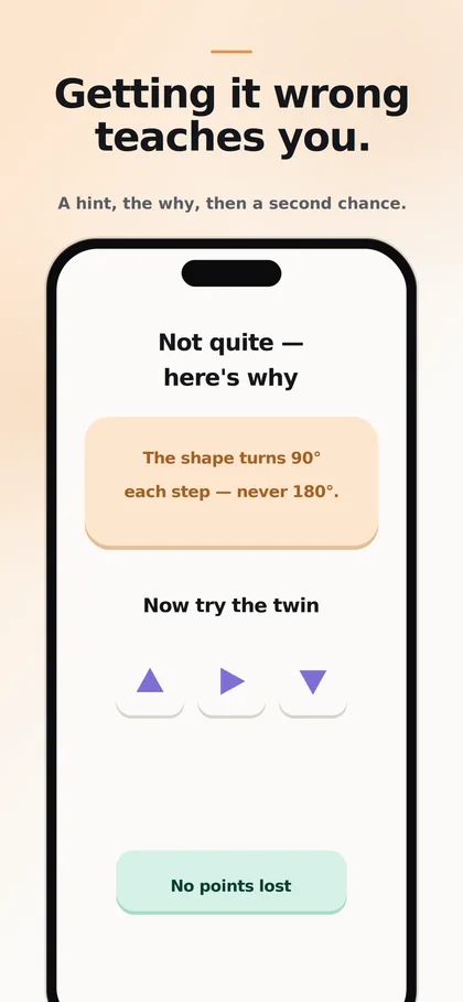 Brain Puzzle explaining the rule behind a wrong answer and offering a twin puzzle to retry
